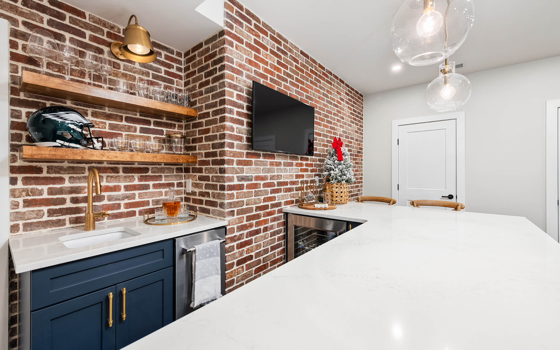 Finished Basement Project - Exposed Brick and Granite Bar