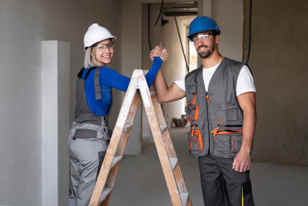 Construction workers shaking hands